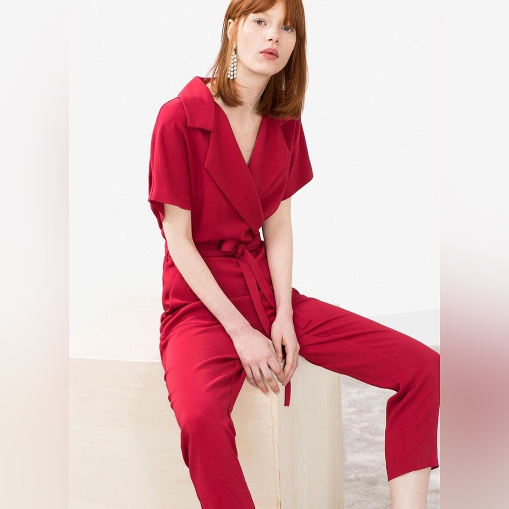 Berry Red Jumpsuit with Notched Collar